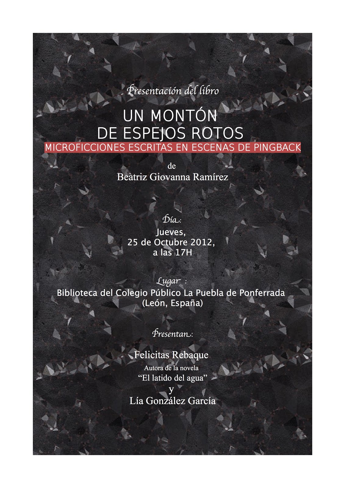 Presentación del libro de microrrelatos «Un montón de espejos rotos» en Ponferrada, León.